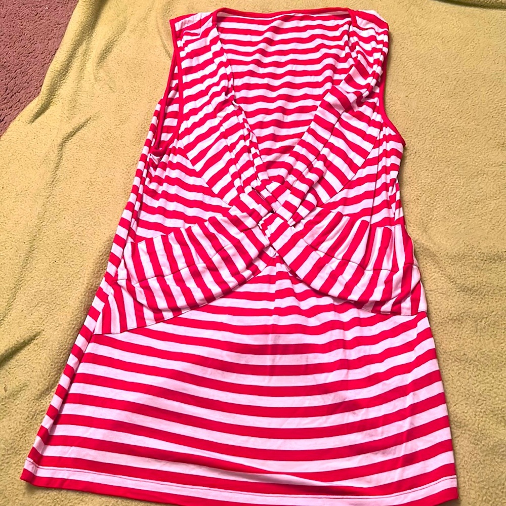 Sleeveless red and white striped shirt